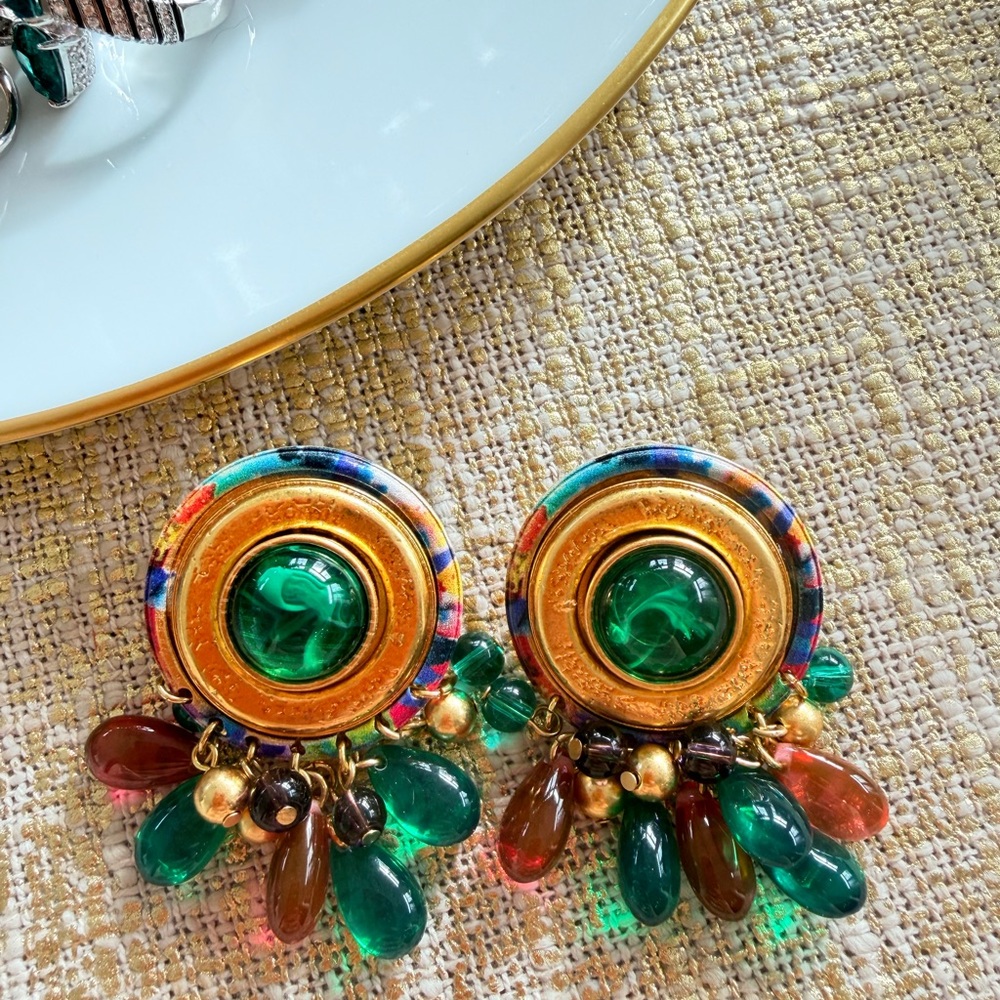 Colorful Gold and Green Statement Earrings